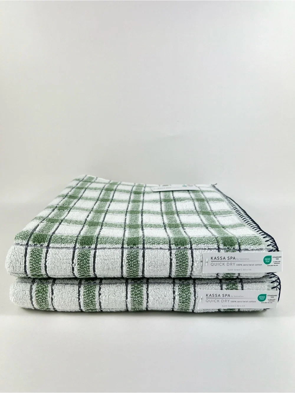 Kassa Spa Kassatex Bath Towel Set Green White Black Stripe Soft Cotton 2 Pc NEW